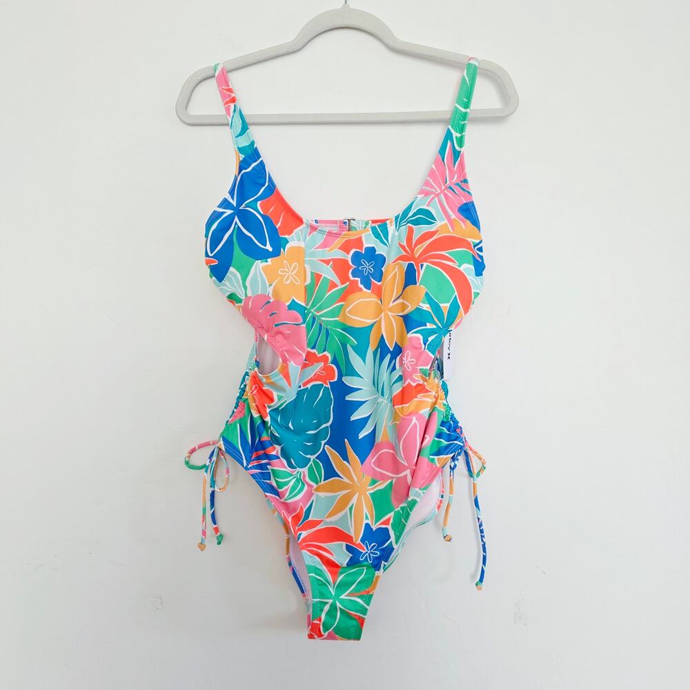 Hurley Colorful Tropical Floral Print One-Piece Cutout Swimsuit Size XL